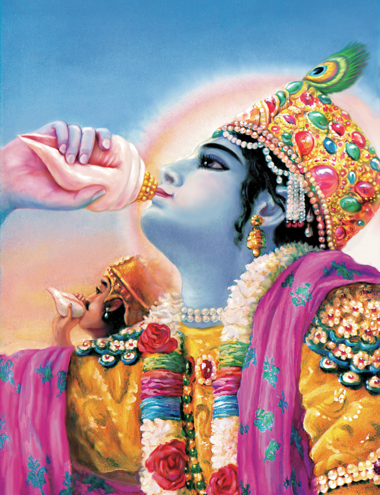 Krsna blows His transcendental conchshell to herald the battle.